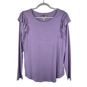 Cupio Ruffle Shoulder Long Sleeve Top Women Large Purple Crew Neck NWT